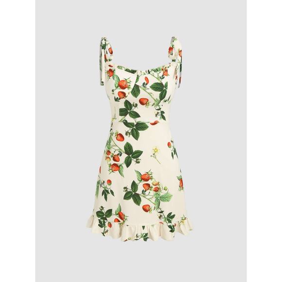 Cider Strawberry Summer Ruffle Tie Shoulder Bow Mini Dress Bustier Small Boho - Picture 1 of 5